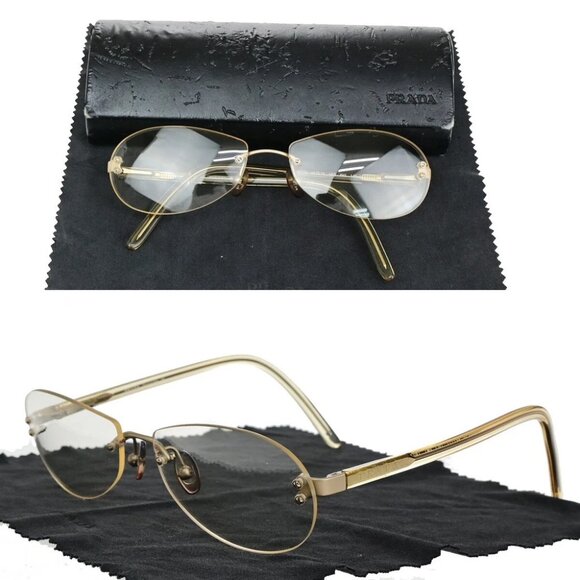 PRADA Logo Glasses Eye Were Plastic VPR 60C/N Gold Clear Beige Italy - Picture 1 of 13